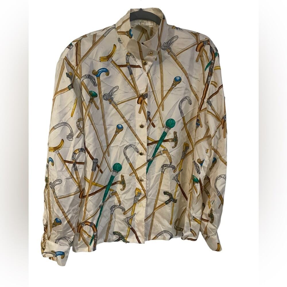 Escada Cream Cane Graphic Print 100% Silk Blouse Sz 42/US: 10   Est. Retail $740